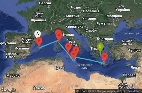 Маршрут на круиз 10 дни Испания, Франция, Италия, Малта, Гърция - 10M269