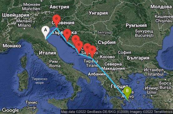 Маршрут на круиз 8 дни Италия, Словения, Хърватска, Черна гора, Гърция - 08M101