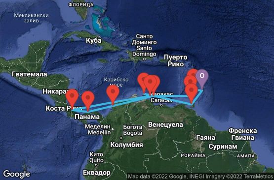 Маршрут на круиз 14 дни Барбадос, Сейнт Винсент и Гренадини, Гренада, Холандски Антили, Колумбия, Панама, Коста Рика, Аруба - 14D018