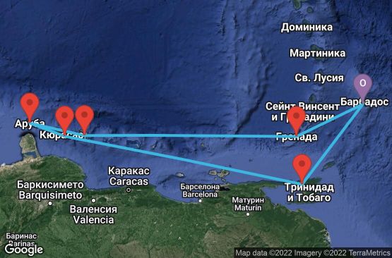 Маршрут на круиз 7 дни Барбадос, Гренада, Холандски Антили, Аруба - 07D347