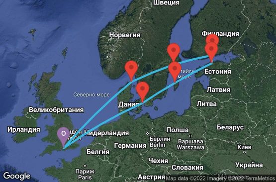 Маршрут на круиз 12 дни Великобритания, Дания, Швеция, Естония, Русия, Финландия - 12U314