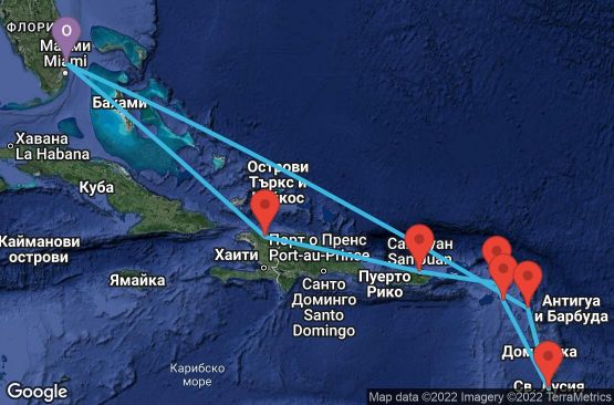 Маршрут на круиз 10 дни САЩ, Хаити, Пуерто Рико, Холандски Антили, Сейнт Китс и Невис, Сейнт Лусия, Антигуа и Барбуда - 10D053