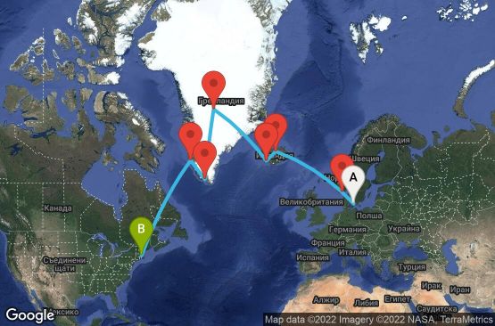 Маршрут на круиз 14 дни Дания, Норвегия, Исландия, Гренландия, САЩ - 14T195