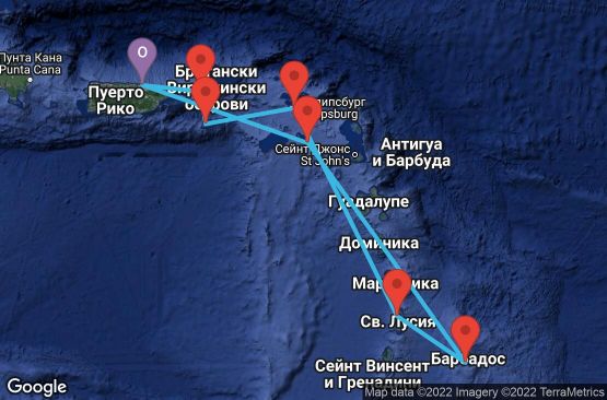 Маршрут на круиз 7 дни Пуерто Рико, Вирджински острови (САЩ), Холандски Антили, Сейнт Лусия, Барбадос, Сейнт Китс и Невис - 07D325
