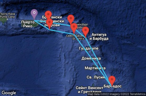 Маршрут на круиз 7 дни Пуерто Рико, Вирджински острови (САЩ), Холандски Антили, Антигуа и Барбуда, Барбадос, Сейнт Китс и Невис - 07D319