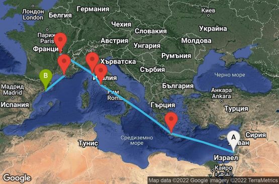 Маршрут на круиз 8 дни Израел, Гърция, Италия, Франция, Испания - 08M127