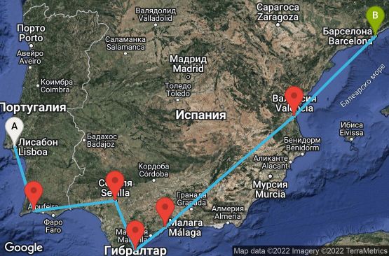 Маршрут на круиз 9 дни Португалия, Испания, Гибралтар - 09M221