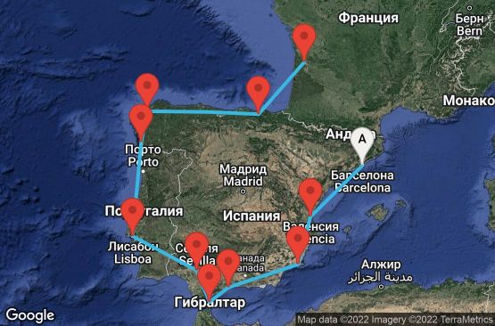 Маршрут на круиз 14 дни Испания, Гибралтар, Португалия, Франция - 14M108