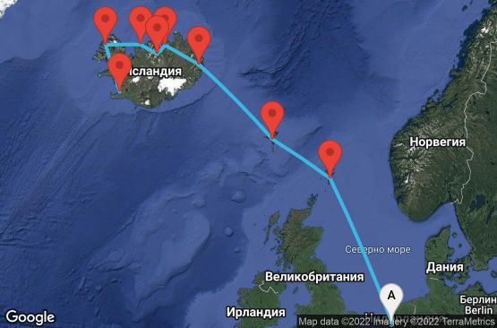 Маршрут на круиз 11 дни Холандия, Великобритания, Фарьорски острови, Исландия - 11U083