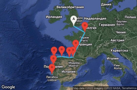 Маршрут на круиз 11 дни Великобритания, Франция, Испания, Португалия - 11U085