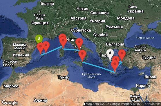 Маршрут на круиз 11 дни Гърция, Турция, Италия, Франция, Испания - 11M251