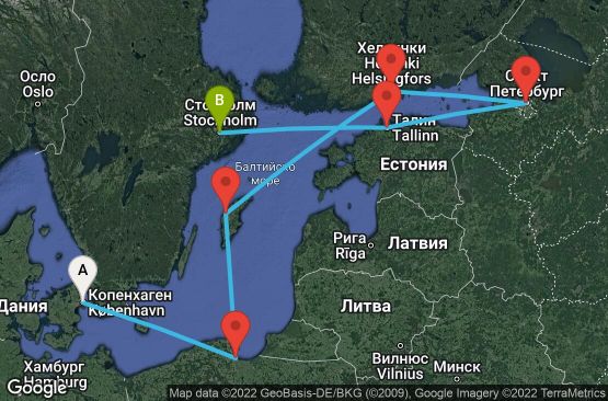 Маршрут на круиз 10 дни Дания, Полша, Швеция, Финландия, Русия, Естония - 10U097