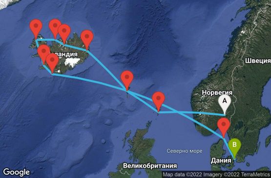 Маршрут на круиз 13 дни Норвегия, Великобритания, Фарьорски острови, Исландия, Дания - 13U143