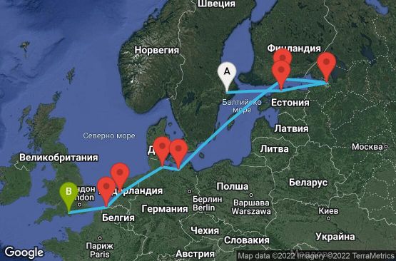 Маршрут на круиз 12 дни Швеция, Естония, Русия, Финландия, Германия, Холандия, Белгия, Великобритания - 12U331
