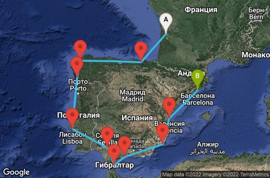 Маршрут на круиз 13 дни Франция, Испания, Португалия, Гибралтар - 13M067