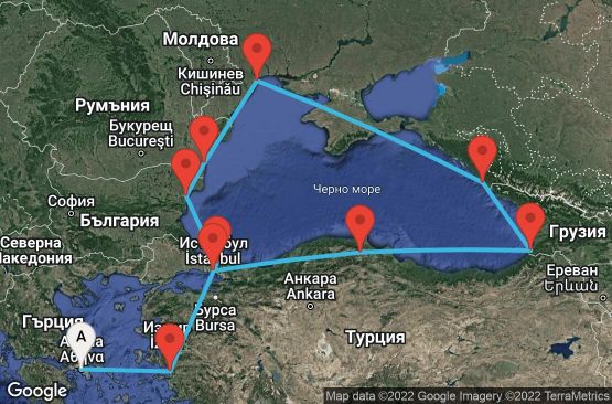 Маршрут на круиз 12 дни Гърция, Турция, България, Румъния, Украйна, Русия, Грузия - 12U332