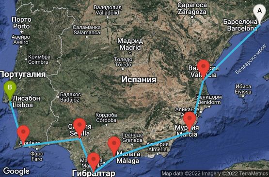 Маршрут на круиз 9 дни Испания, Гибралтар, Португалия - 09M245