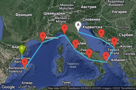 Маршрут на круиз 10 дни Италия, Хърватска, Черна гора, Франция, Испания - 10M312