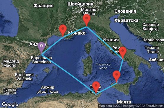 Маршрут на круиз 7 дни Испания, Тунис, Италия, Франция - UOLW