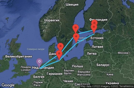 Маршрут на круиз 12 дни Холандия, Германия, Финландия, Русия, Естония, Швеция, Дания - 12U341