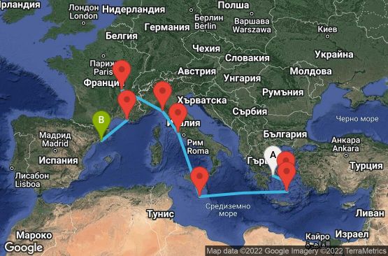 Маршрут на круиз 10 дни Гърция, Малта, Италия, Франция, Испания - 10U102
