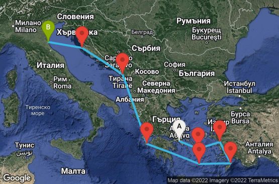 Маршрут на круиз 9 дни Гърция, Турция, Хърватска, Черна гора, Италия - 09M250
