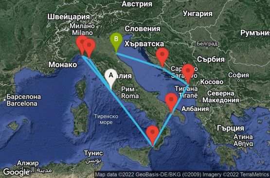 Маршрут на круиз 9 дни Италия, Черна гора, Хърватска - 09M252