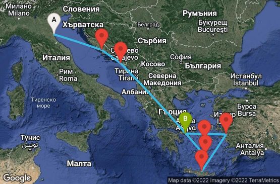 Маршрут на круиз 9 дни Италия, Хърватска, Гърция, Турция - 09M248