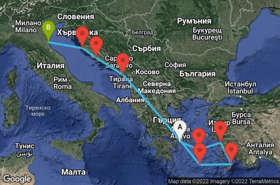 Маршрут на круиз 9 дни Гърция, Турция, Черна гора, Хърватска, Италия - 09M251