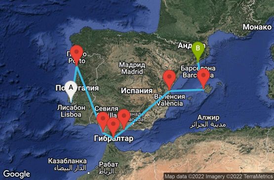 Маршрут на круиз 10 дни Португалия, Испания, Гибралтар - 10M320
