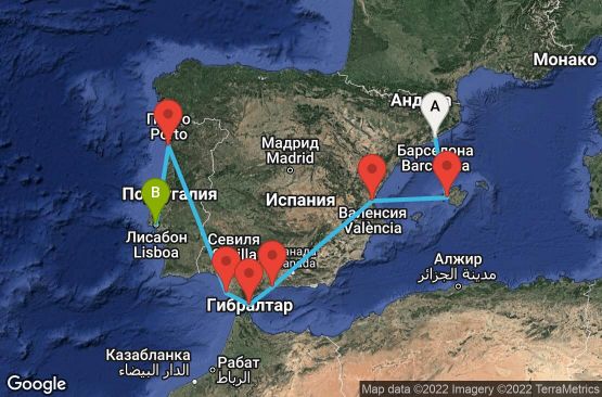 Маршрут на круиз 9 дни Испания, Гибралтар, Португалия - 09M254
