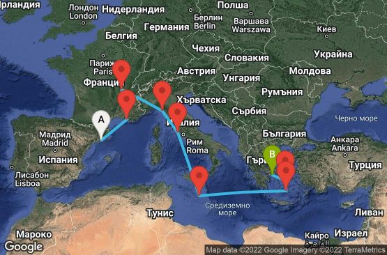 Маршрут на круиз 10 дни Испания, Франция, Италия, Малта, Гърция - 10M321