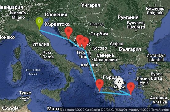 Маршрут на круиз 7 дни Гърция, Черна гора, Хърватска, Италия - 07M670