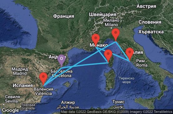 Маршрут на круиз 7 дни Испания, Франция, Италия - 07M673