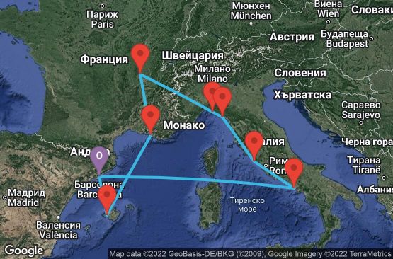 Маршрут на круиз 9 дни Испания, Франция, Италия - 09M258