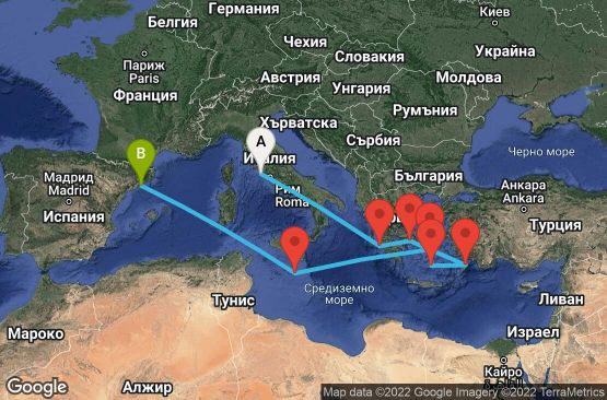 Маршрут на круиз 10 дни Италия, Гърция, Малта, Испания - 10M323