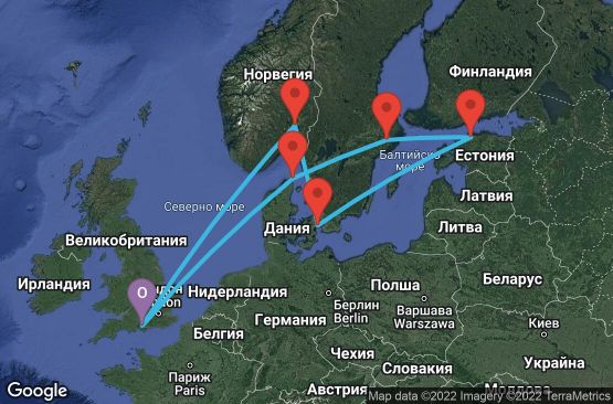 Маршрут на круиз 12 дни Великобритания, Дания, Швеция, Финландия, Русия, Естония - 12U350