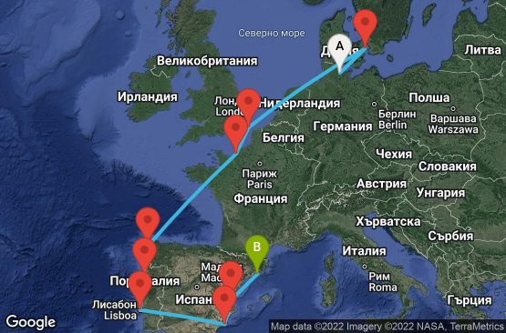 Маршрут на круиз 12 дни Германия, Дания, Великобритания, Франция, Испания, Португалия - KEL12028