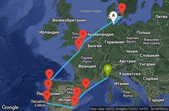 Маршрут на круиз 13 дни Германия, Дания, Великобритания, Франция, Испания, Португалия, Италия - KEL13007