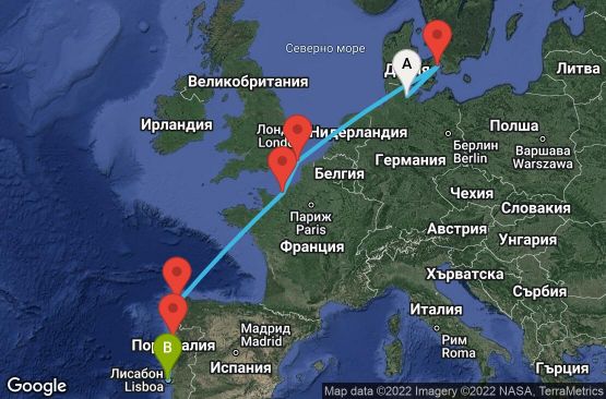 Маршрут на круиз 8 дни Германия, Дания, Великобритания, Франция, Испания, Португалия - KEL08035