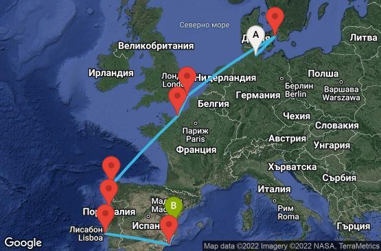 Маршрут на круиз 11 дни Германия, Дания, Великобритания, Франция, Испания, Португалия - KEL11030