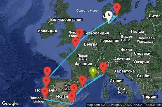 Маршрут на круиз 14 дни Германия, Дания, Великобритания, Франция, Испания, Португалия, Италия - KEL14000