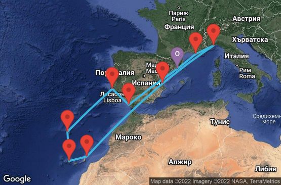 Маршрут на круиз 14 дни Испания, Франция, Италия, Португалия - BCN14077