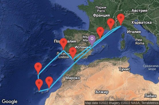 Маршрут на круиз 14 дни Испания, Португалия, Франция, Италия - VLC14005