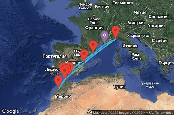 Маршрут на круиз 11 дни Франция, Испания, Гибралтар, Мароко, Италия - MRS11082