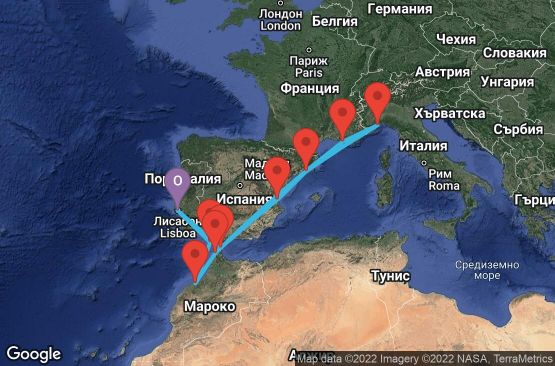 Маршрут на круиз 12 дни Португалия, Гибралтар, Испания, Италия, Франция, Мароко - LIS12000
