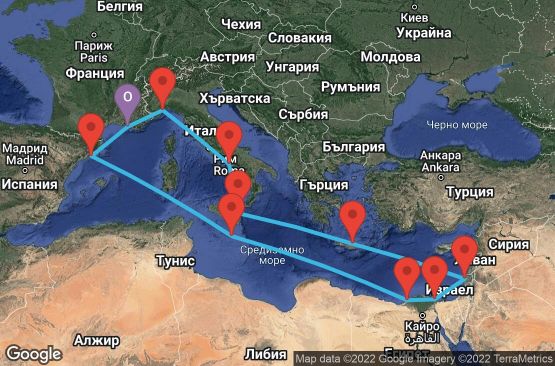 Маршрут на круиз 14 дни Франция, Италия, Гърция, Израел, Египет, Малта, Испания - MRS14063