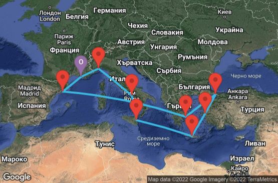Маршрут на круиз 14 дни Франция, Италия, Гърция, Турция, Испания - MRS14053