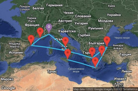 Маршрут на круиз 14 дни Италия, Гърция, Турция, Испания, Франция - SVN14087