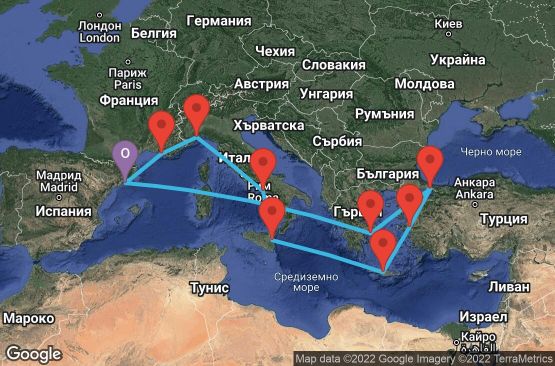 Маршрут на круиз 14 дни Испания, Франция, Италия, Гърция, Турция - BCN14048